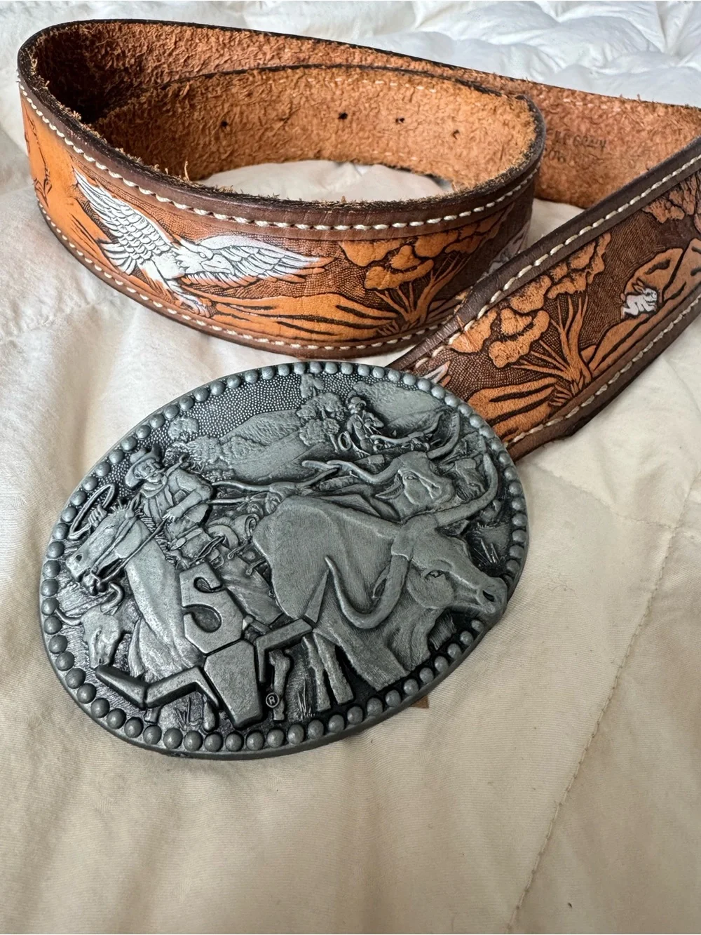 vintage zee series western leather belt with award design medals rodeo buckle ea